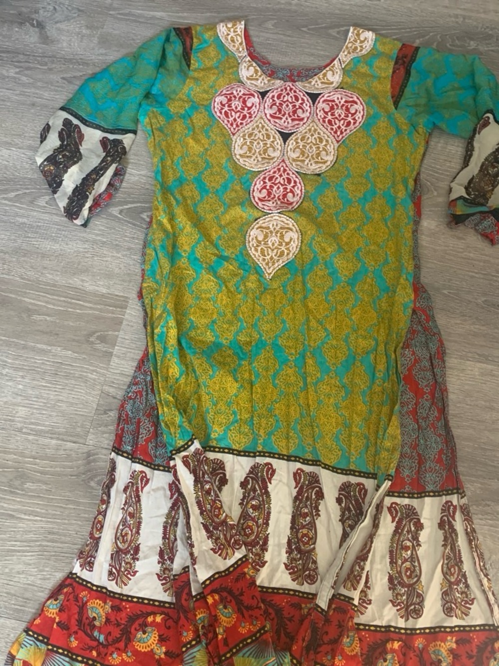 Long Sleeve Boho Maxi Dress in Teal and Mustard